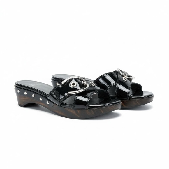 Stuart Weitzman Shoes - NWT STUART WEITZMAN Black Patent Leather Horse Bit Buckle Wood Sole Sandals 5.5